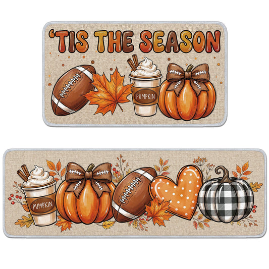 Romart 2 Pcs Fall Kitchen Rugs, Football Kitchen Runner Rug and Door Mat, Fall Kitchen Seasonal Decor for Home Kitchen Dining Room
