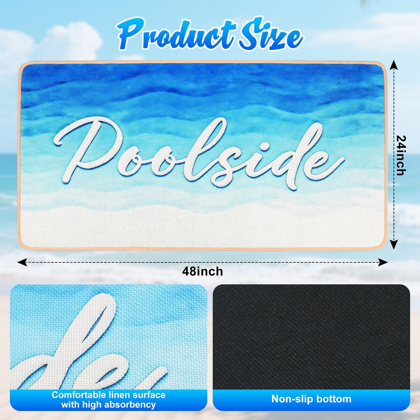 Whmayai 24" x 48" Poolside Non Slip Mat, Ggradual Blue Outdoor Rubber Pool Deck Mats with Drainage, Anti-Slip Waterproof Rug for Swimming Pool, Beach, Patio and Boat Dock