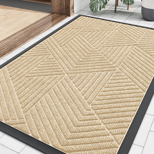 Smiry Front Door Mat Outside Entrance, Heavy Duty Sturdy Natural Rubber Doormat, Trap Dirt and Moisture, Easy Clean Low Profile Mats for Indoor Outdoor Entry, Irregular Triangle (29.5x17, Beige)