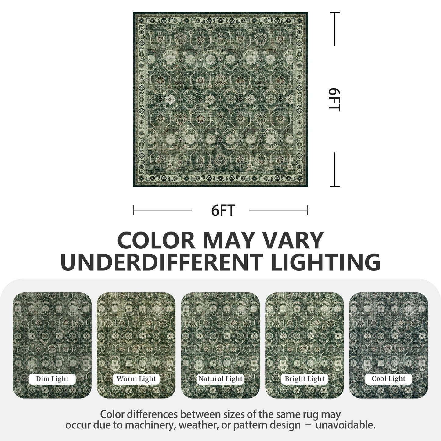 Woodbruy 6x6 Square Area Rug, Soft Non Slip Low Pile Washable Rug, Boho Modern Area Rug for Living Room，Bedroom, Laundry Room, Dark Green/Beige