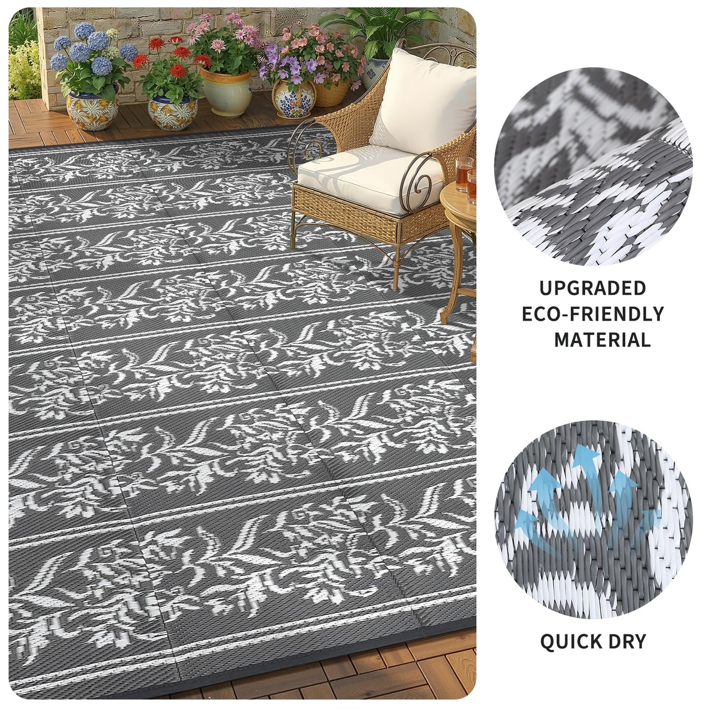 Garvee Outdoor Rugs 5x8 Waterproof Reversible Mat Boho Leaf Patio Rug with 4 Stakes and Starage Bag, Large Outdoor RV Mat Rugs for Camping, Picnic, Balcony, Deck, Backyard, Grey & White