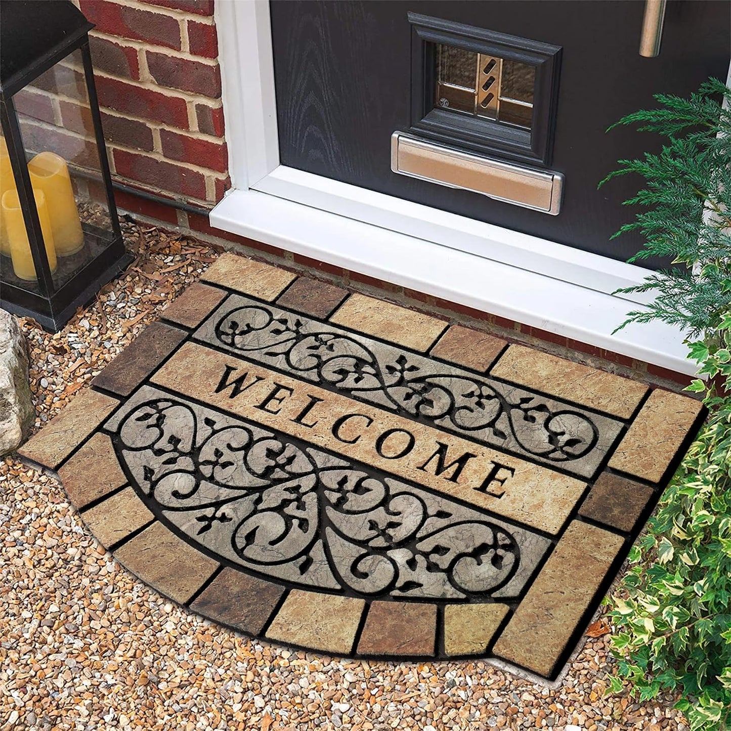 New Large 36"x24" Heavy Duty Welcome Mat Outdoor with Non-Slip Rubber Backing - Durable Outdoor Door Mat for Front Door Entrance, Garage, Patio & High Traffic Areas - Stone Scroll Design（Brown）