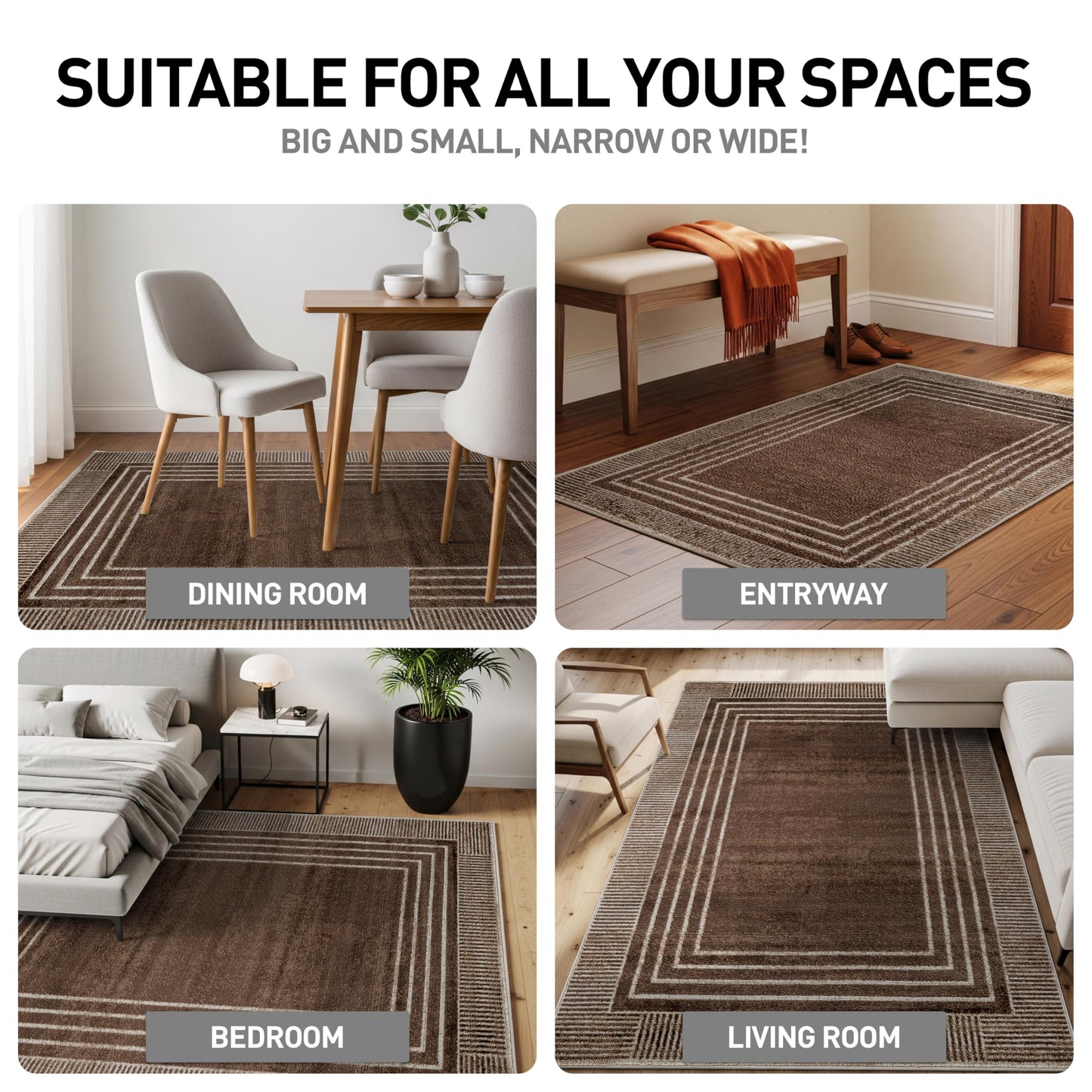 Rugshop Contemporary Geometric Bordered Indoor Area Rug for Living Room,Bedroom,Kitchen Rug Low Pile Rug with Jute Backing 5' x 7' Brown