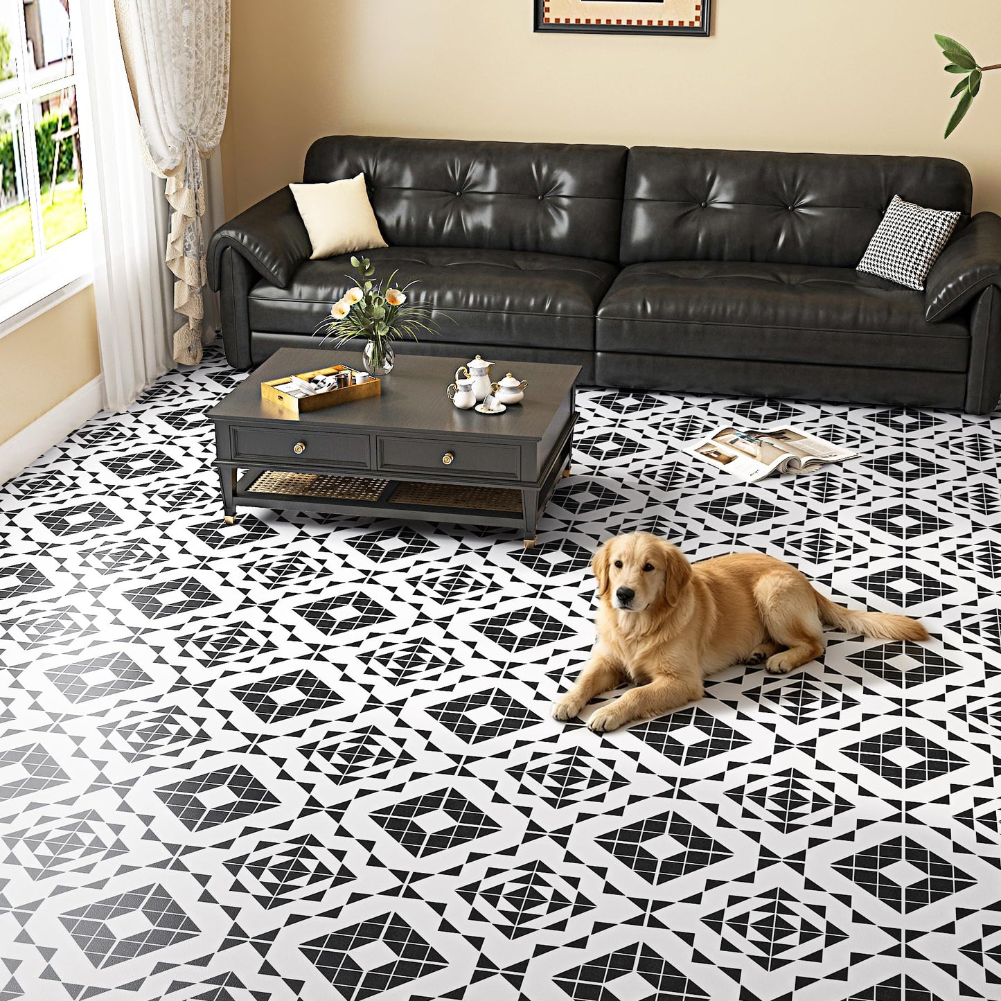 LaCheery 12x177 Vinyl Flooring Roll Waterproof Black and White Floor Tiles Peel and Stick Waterproof Bathroom Floor Tile Peel and Stick Flooring Tiles Renter Friendly Tile Stickers for Kitchen Garage