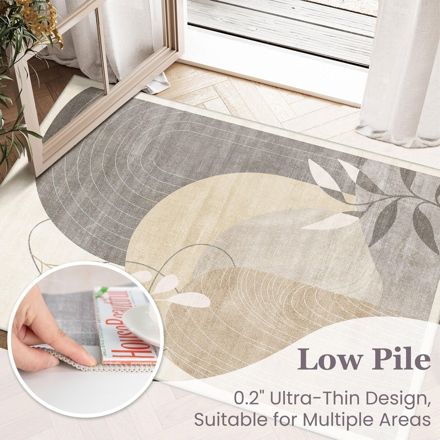 MUJOO Washable 2x6 Runner Rugs for Kitchen Hallway Bedside Bathroom Laundry Room Bedroom,Boho Long Area Rug Non Slip Carpet Throw Rug Mid Century Modern Abstract Botanical Geometric Neutral Beige