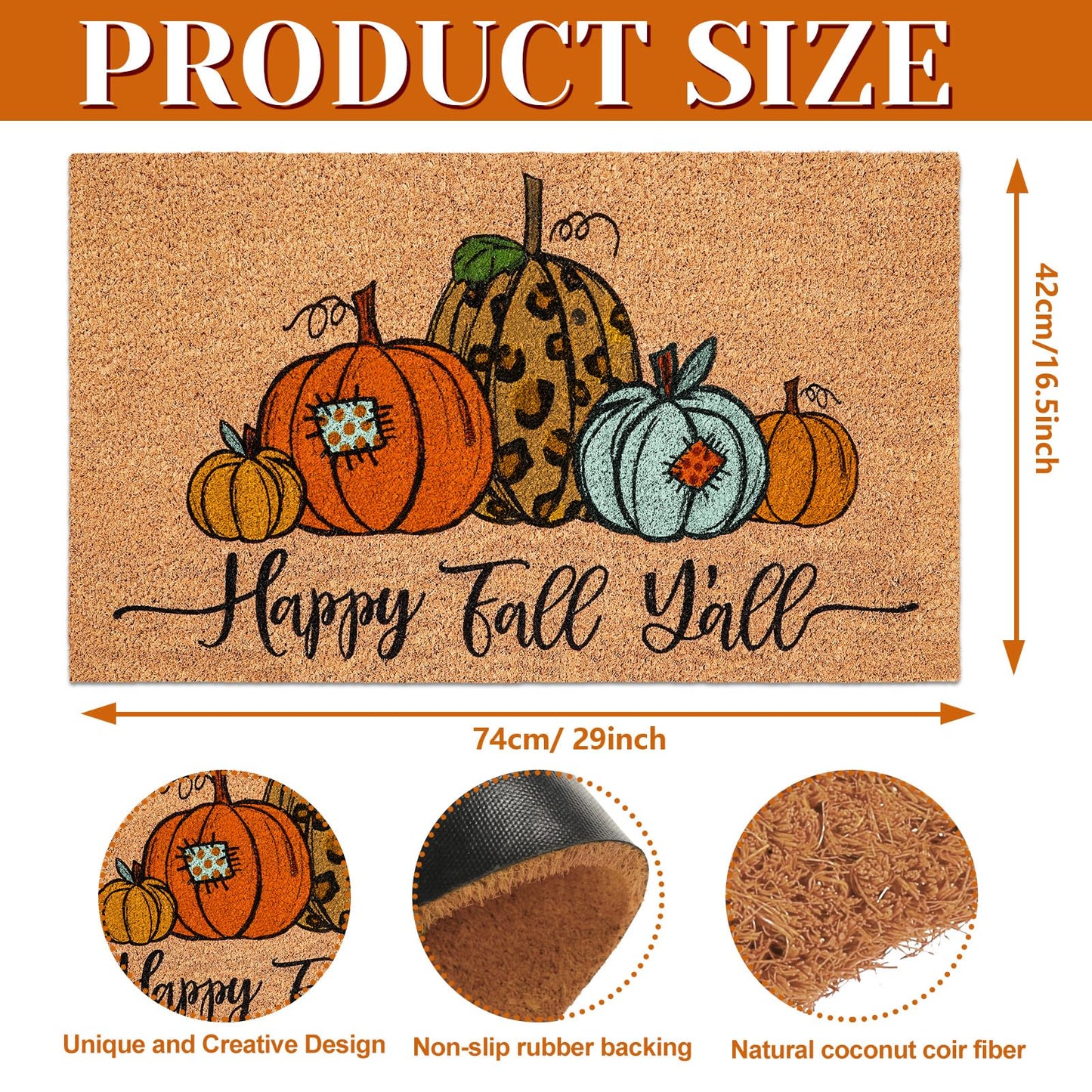 JarThenaAMCS Fall Natural Coir Doormat Autumn Pumpkin Floor Mat Rustic Farmhouse Non-Slip Rectangle Entrance Door Rug for Thanksgiving Harvest Indoor Outdoor Bathroom, 16.5 x 29.1 in