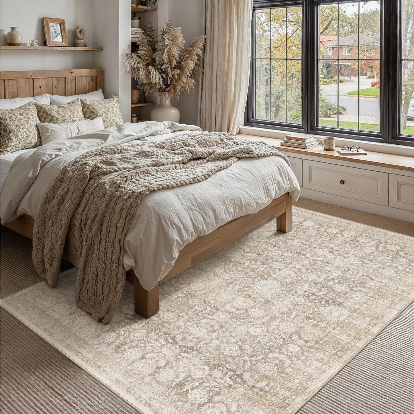 WondRg 8x10 Beige Washable Neutral Area Rug Living Room Floral Non Slip Low Pile Large Rug Vintage Traditional Stain Resistant Distressed Carpet Bedroom Dining Room Office Playroom