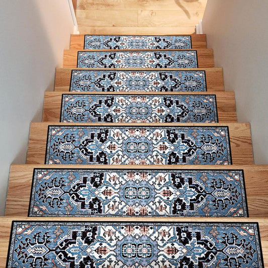 Lacut Non-Slip Stair Treads, 7.8" X 30" (15-Pack) Stair Runner Indoor Outdoor Mat, Vintage Slip Resistant Stair Tread Mats Step Covers Pads for Elders Kids Pets (Blue Retro-15 PCS, 30" x 7.8")