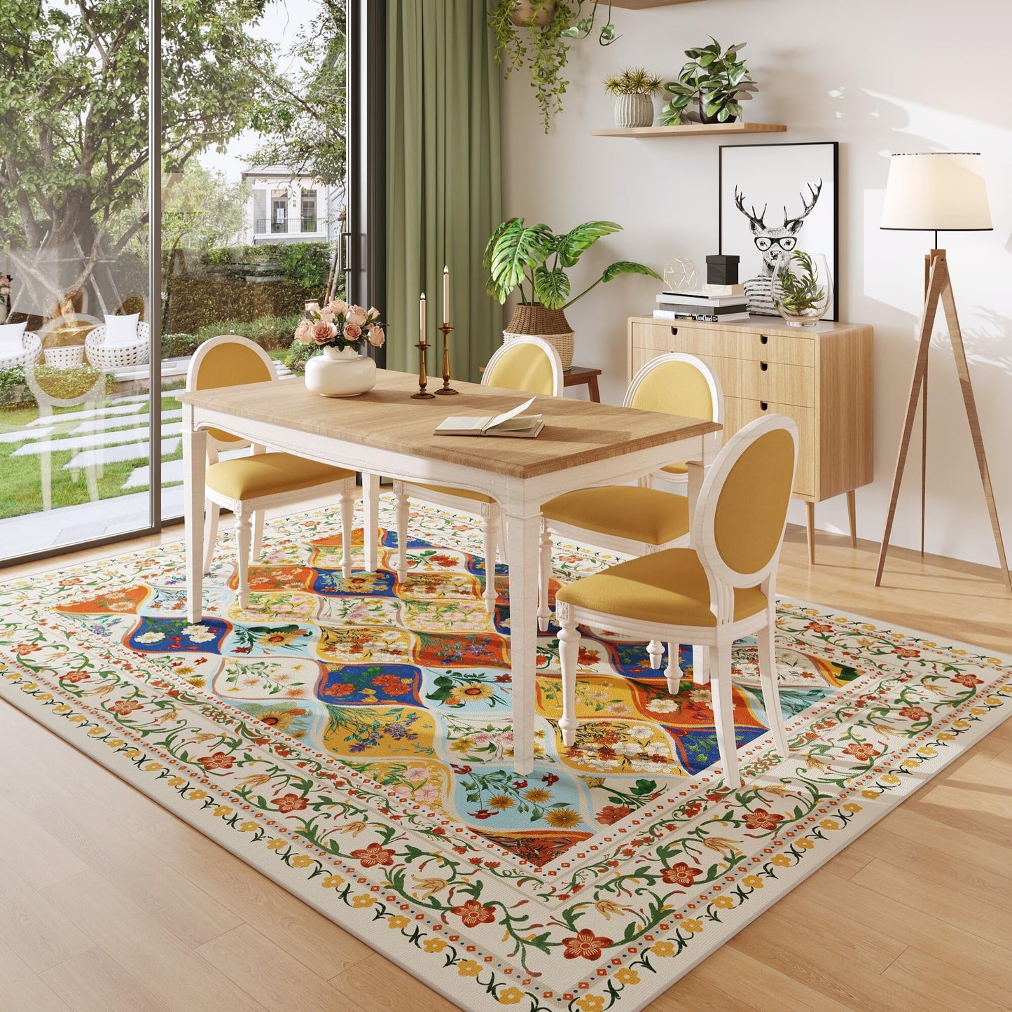 Vowkten Bohemian Geometric Floral 8x10 Area Rugs, Machine Washable, Low Pile Soft Carpet, Non-Slip for Living Room, Bedroom, Dining Room, Farmhouse, Kids Playroom, Office | Beige
