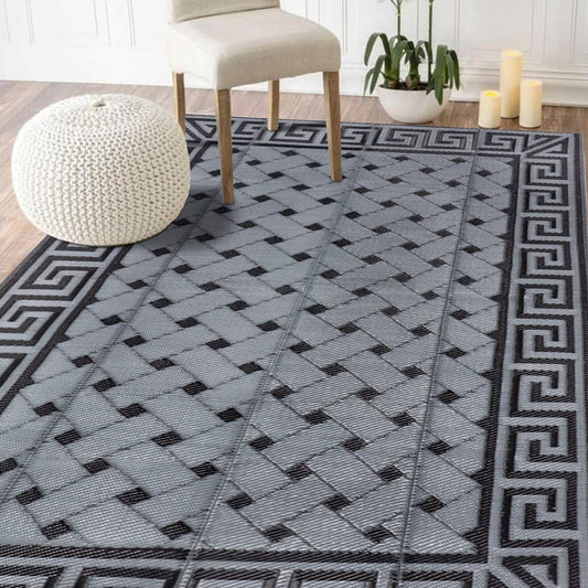 SAND MINE Reversible Mats, Plastic Straw Rug, Modern Area Rug, Large Floor Mat and Rug for Outdoors, RV, Patio, Backyard, Deck, Picnic, Beach, Trailer, Camping (5' x 8', Black & Grey)