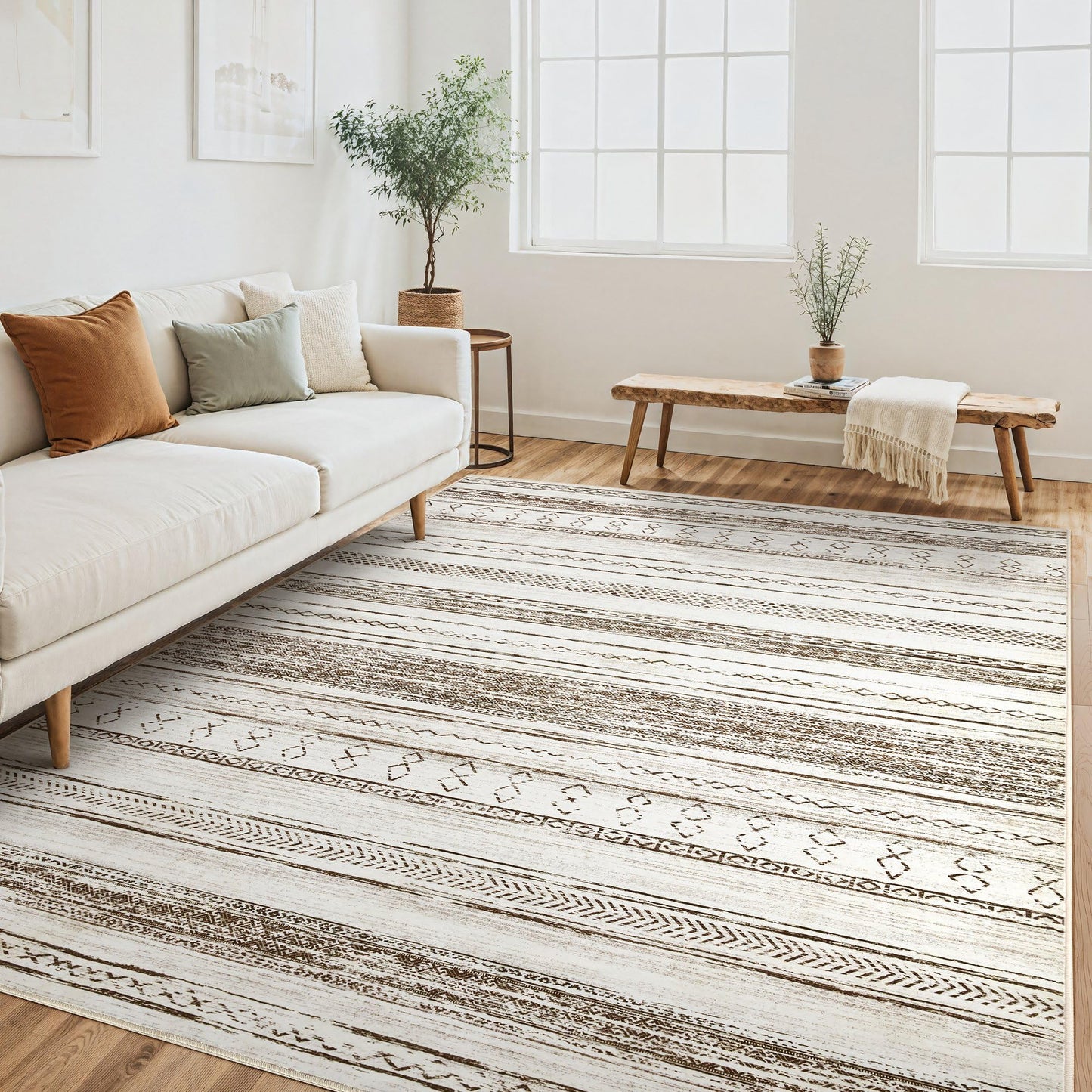 Tortania Area Rug Living Room Rugs - 6x9 Washable Large Soft Neutral Boho Moroccan Bohemian Farmhouse Rug Indoor Floor Carpet for Bedroom Under Dining Table Home Office Decor - Cream Brown