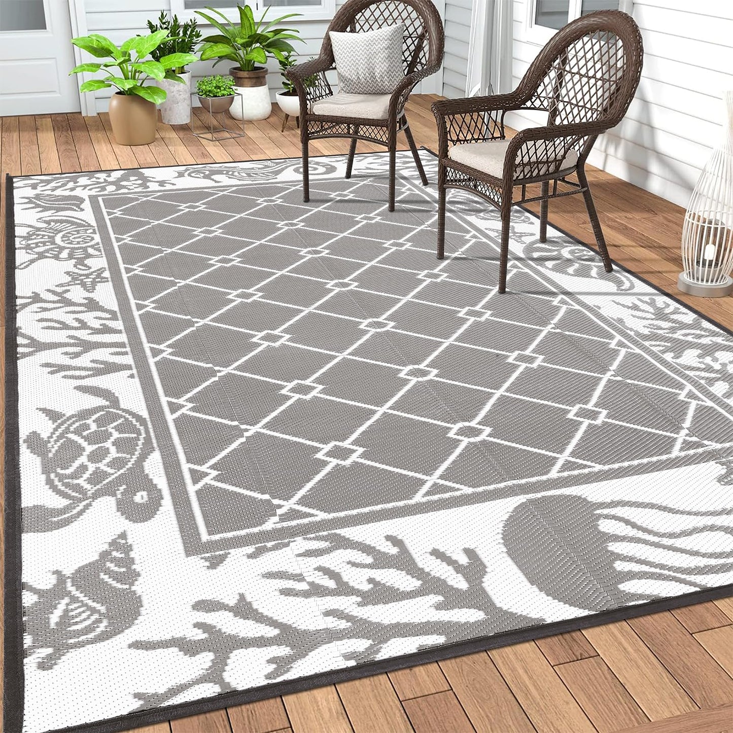 Vaukki Reversible Rugs, Plastic Straw Outdoor Doormat, Fade Resistant Plastic Outdoor Patio Mat, Lightweight Ocean Area Carpet for Patio, RV, Camping, Beach, Deck, Backyard and Picnic (Grey, 5'x8')
