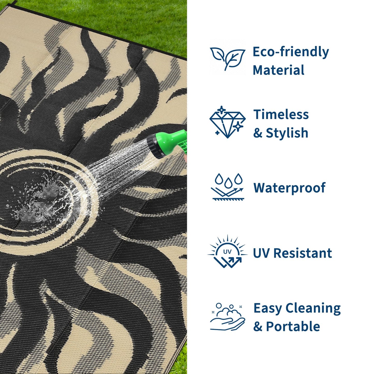 Garvee Outdoor Rug 6x9 Waterproof Patio Rugs with Boho Sun Pattern, Reversible Plastic Straw Camping Rugs Outdoor Indoor RV Mat Carpet for Deck, Backyard, Picnic, Porch, Balcony, Beach, Black