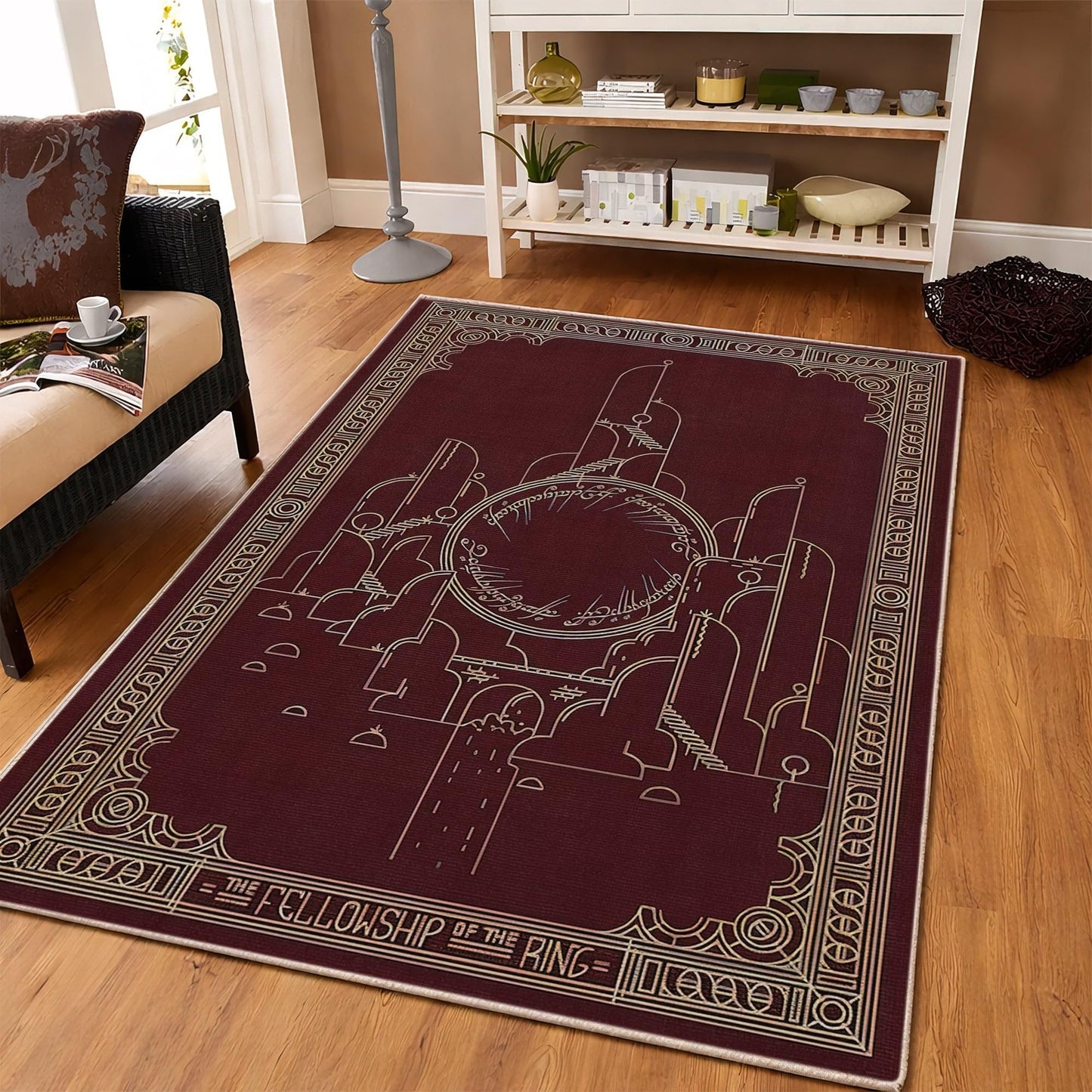 Homyra Fantastic Movie LOTR Fellowship Ring Area Rug for Movie Room, 2.6x4 feet, Burgundy Theater Carpet, Nonslip Washable, Cotton & Polyester, Nostalgic Cinema Series LOTR Rug, Flat Surface