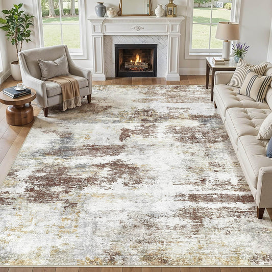 10x12 Area Rugs for Living Room - Washable Neutral Modern Abstract Rug Soft Non-Slip Stain Resistant Carpet for Bedroom Dining Table Nursery Farmhouse Home Office Decor- Redbrown