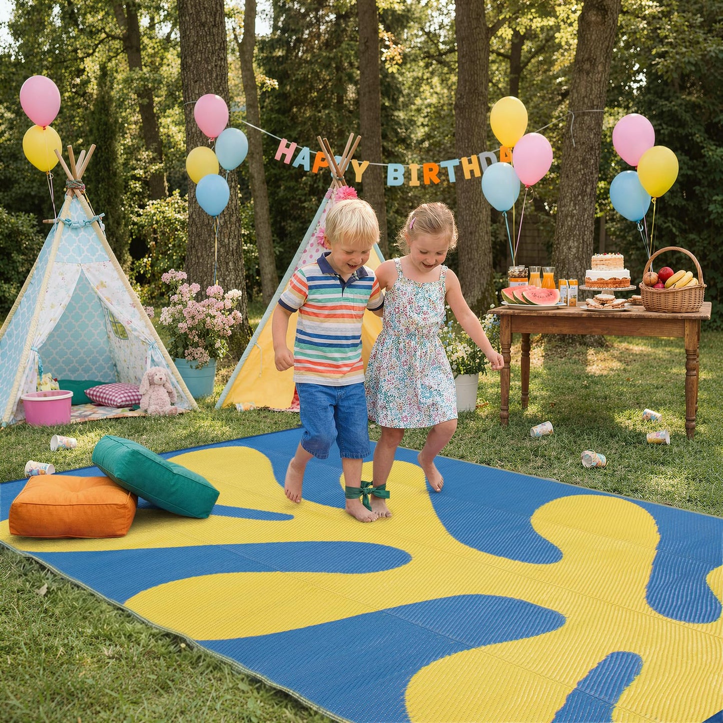 Wonnitar Abstract Outdoor Rug 6x9, Modern Coral Waterproof Reversible Plastic Straw Rug for Patio, Foldable Lightweight Outside Carpet for Deck, Balcony, RV, Beach, Blue/Yellow