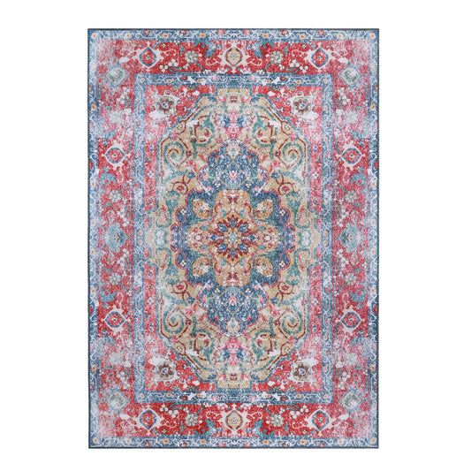 Superior Medallion Washable Rug, Cotton Backing, Carpet for Dining Table Mud Room, Easy Care, Non-Slip Rug for Entry, Living Room, Bedroom, Low Pile Area Rug, Tanager Collection, 10' x 14', Red