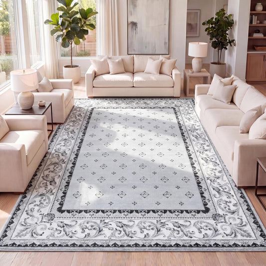 JONATHAN Y Acanthus French Border Light Gray/Cream Indoor Area Rug, 8x10, Vintage, Bohemian, Easy-Cleaning for Living Room, Bedroom, Kitchen, Pet Friendly, Non-Shedding (MDP504F-8)