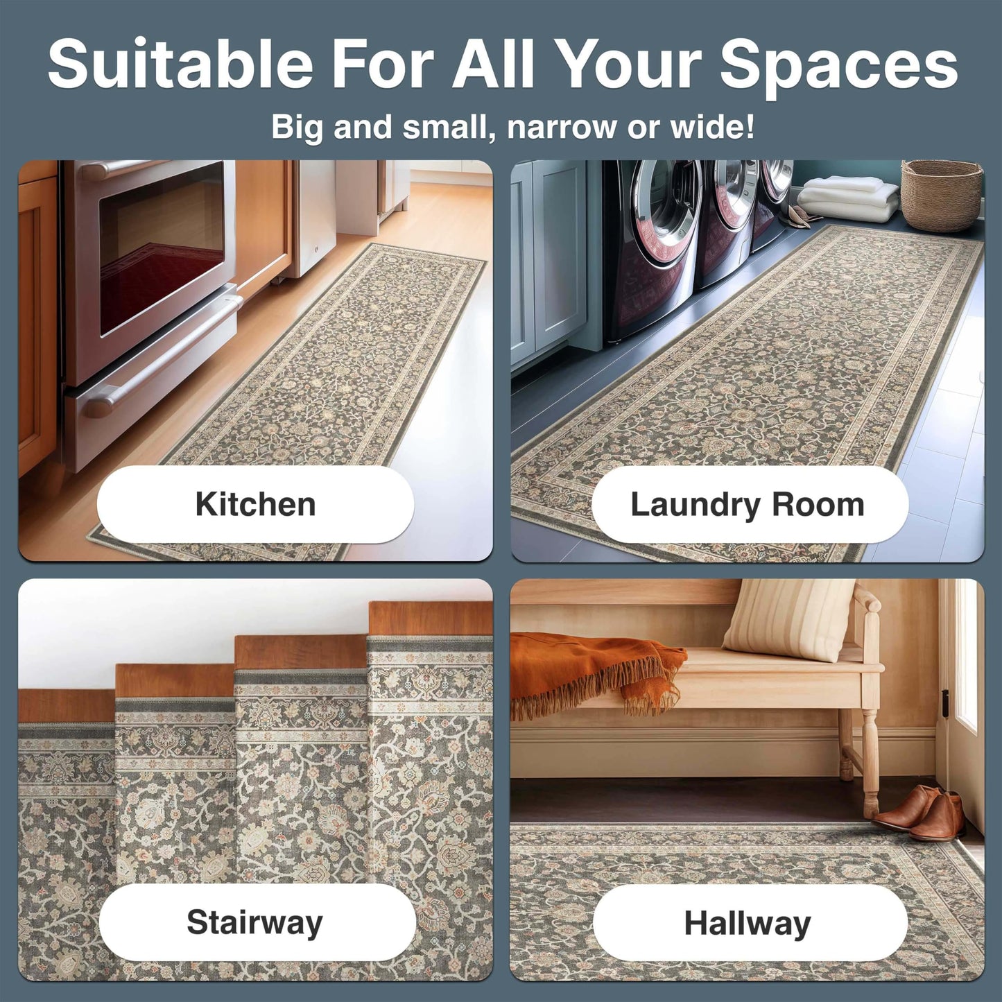Well Woven Custom Size Hallway & Stair Runner- Asha Rome Charcoal Brown 26 Inches Wide Super Thin Long Runner (26" x 12' Runner) Rug - Floral, Easy Clean, Floor-Friendly Backing