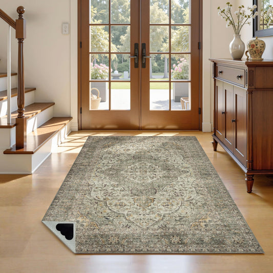 Green 4x6 Area Rugs for Living Room, Boho Vintage Washable Rugs with Non-Slip Backing, Low Pile Retro Soft Carpet for Bedroom, Study Room, Home Office, Dining Room, Olive Green Taupe