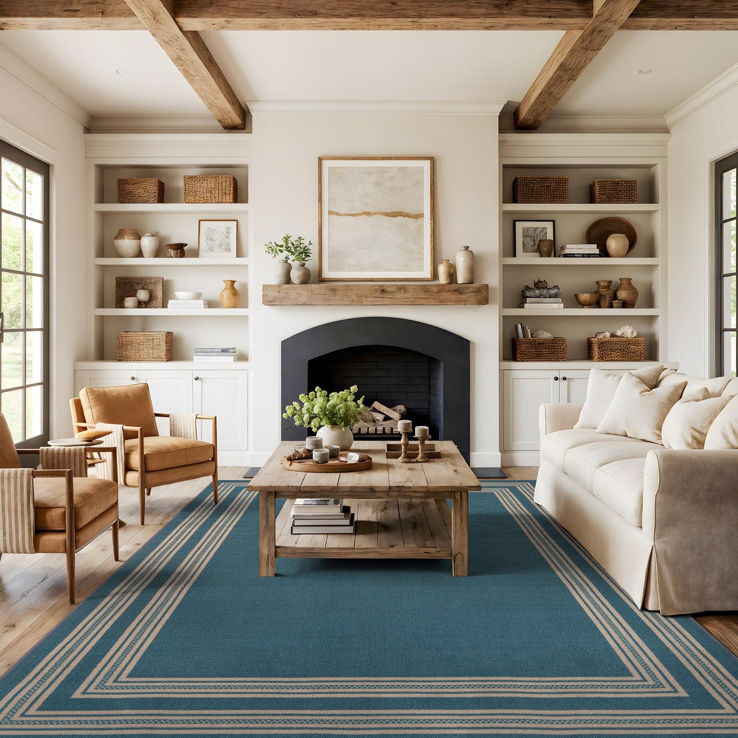 Rugshop Ornate Framed Border Power Loomed Indoor Area Rug, Deep Cobalt Decorative Frame Design, Non-Slip Backing, Living Room Bedroom Entryway, Easy-Care Spot Clean, 7'10" x 10' Blue