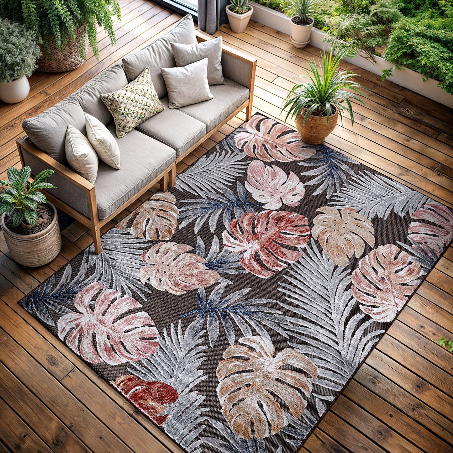 CAMILSON Indoor Outdoor Rug, Brown 10’x14’ Leaf Tropical Botanical Area Rugs for Indoor and Outdoor patios, Easy-Cleaning Non-Shedding Living Room, Garden and Kitchen Washable Outside Carpet (10x14)