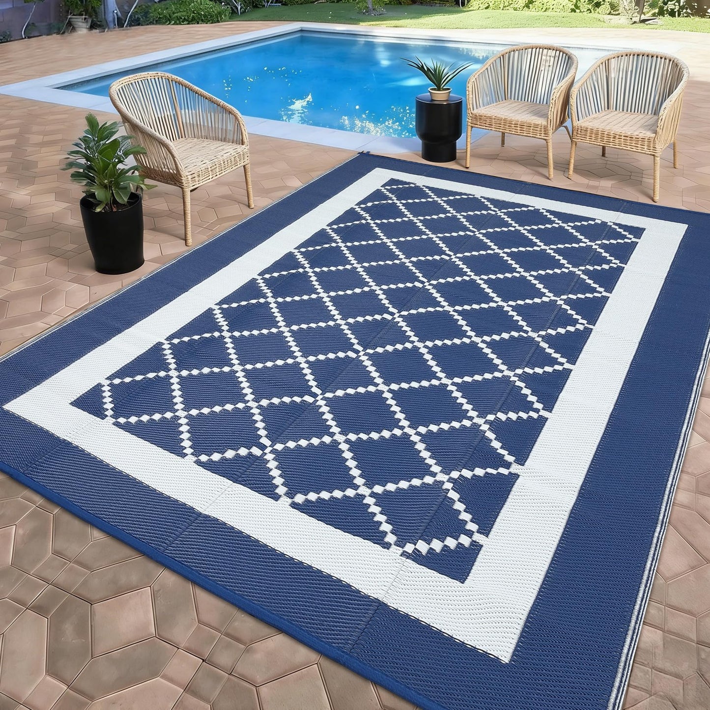 COZYLOOM Outdoor Patio Rug 9x18 Waterproof Reversible Plastic Straw Mat, Large Indoor Outdoor Rugs Modern Area Rug for Deck, Balcony, Pool, Camping, Beach, Picnic, Porch, RV, Navy&White