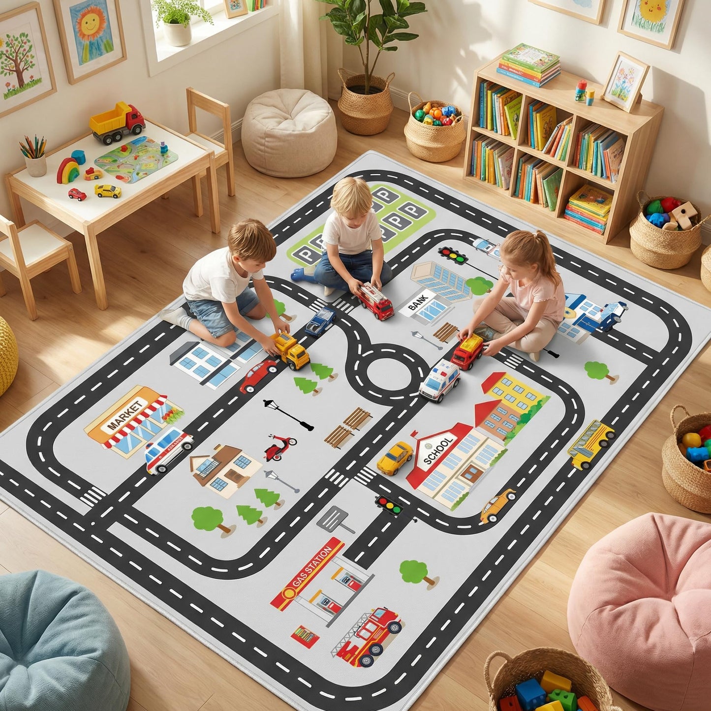 5'x7' Car Rug Play Mat for Kids Toy Cars, Faux Wool Road Rug Car Track Playmat Educational City Map Washable Carpet for Boy Playroom Bedroom Nursery, Non Slip Kids Area Rug for Children Toddler