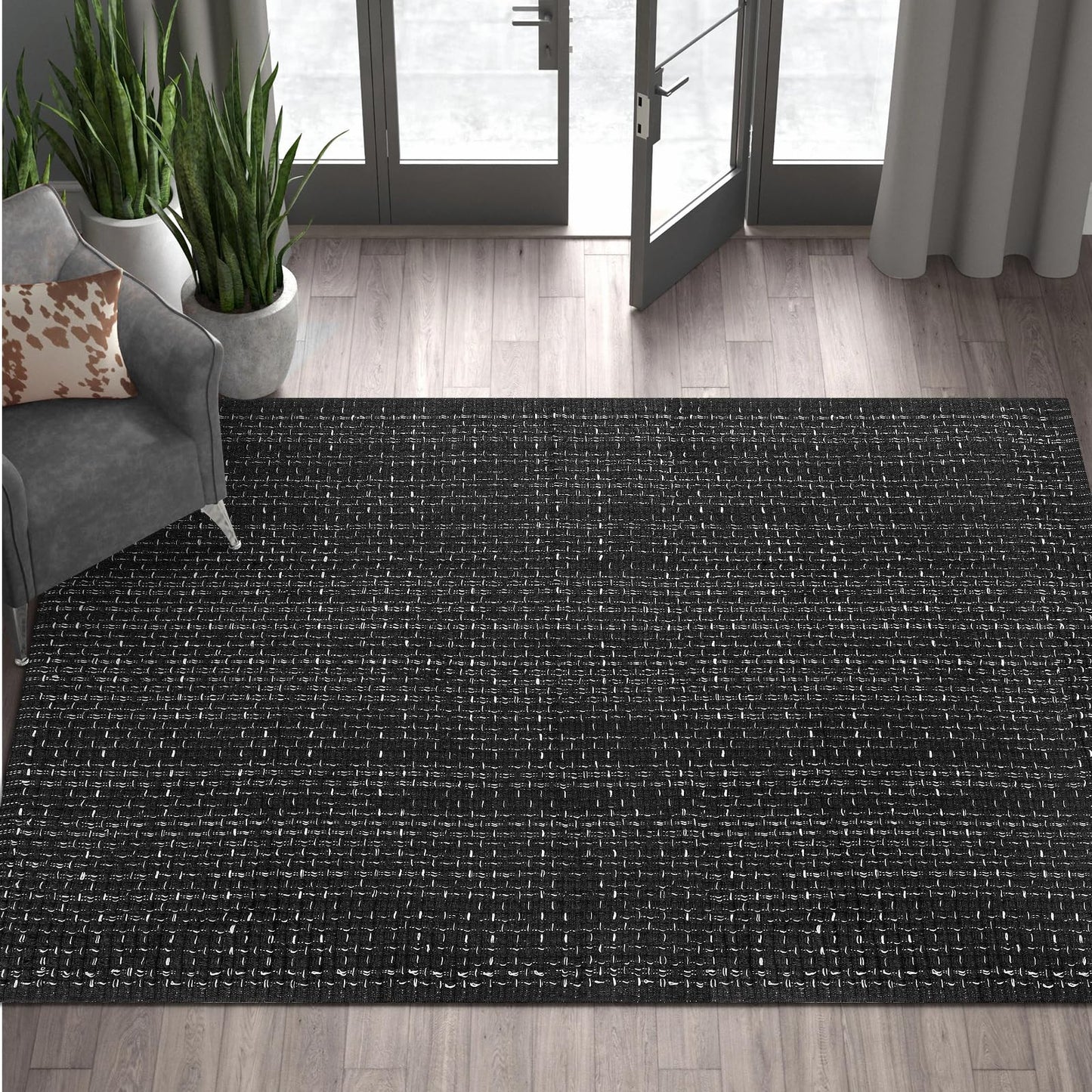 Seavish Modern Area Rugs, 3'x5' Black Cotton Woven Laundry Room Rug, Farmhouse Bathroom Runner Rugs, Low Pile Rustic Home Decor Neutral Rug for Entryway Bedroom Living Room Patio Doorway