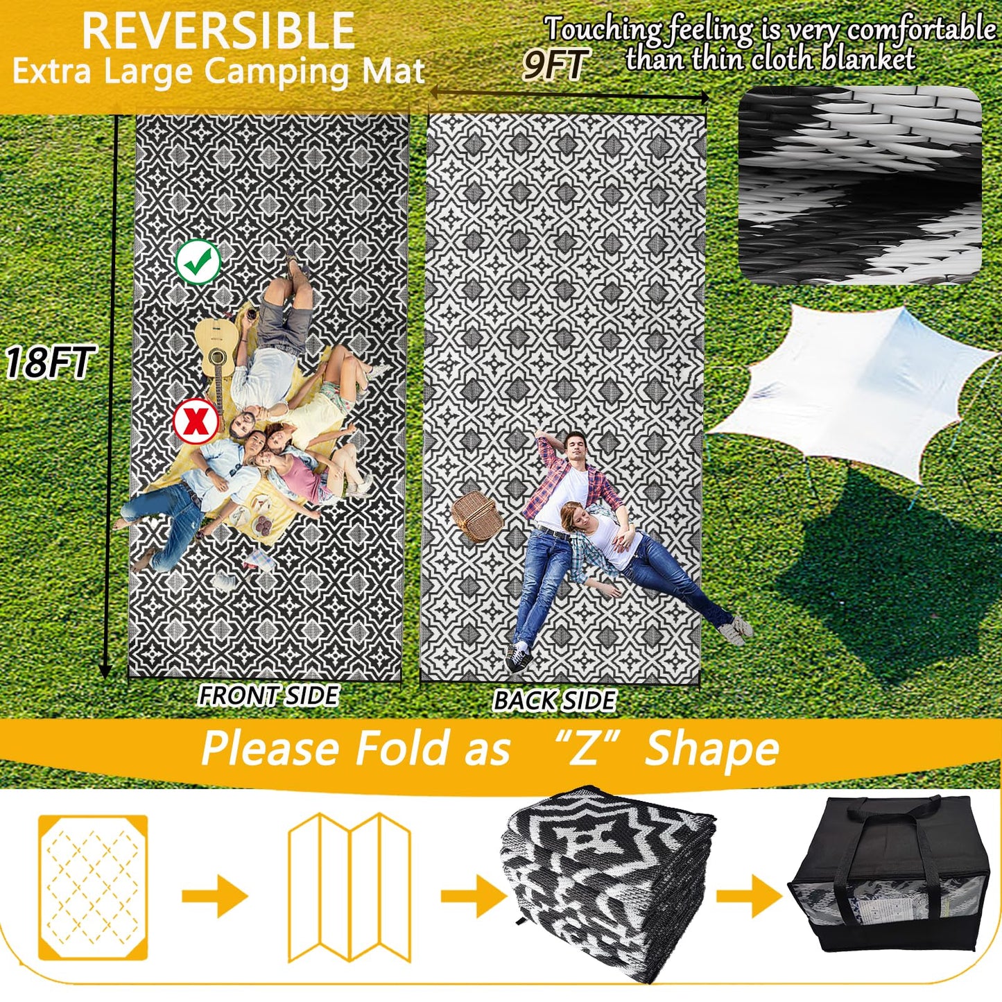 Alfolo Outdoor Rugs for Patio Rv Mats Waterproof Outdoor Rug 9x18 Large Camping Rug Reversible Tightly Woven Plastic Straw Rug Rugs, Clean Easily Mat for RV, Deck, Camping,Pool, Rv Essentials