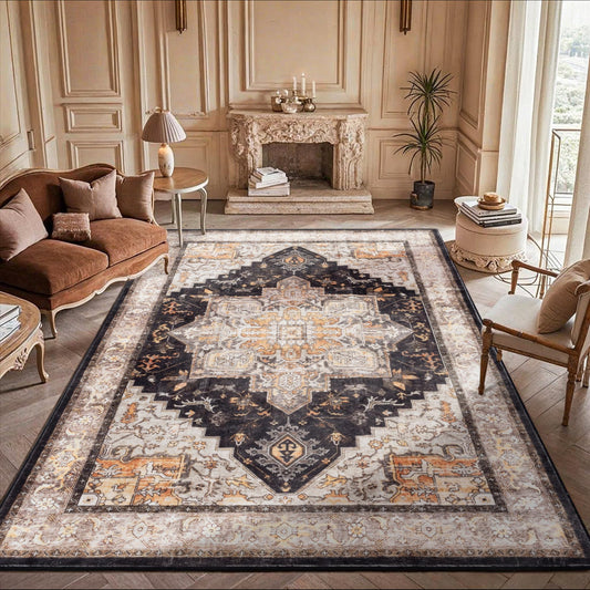 Carvapet 4x6 Area Rug - Black Gold Vintage Floral Small Carpet Low Pile, Non Slip Rubber Backing Machine Washable Foldable Floor Rugs for Entryway Bedroom Dorm