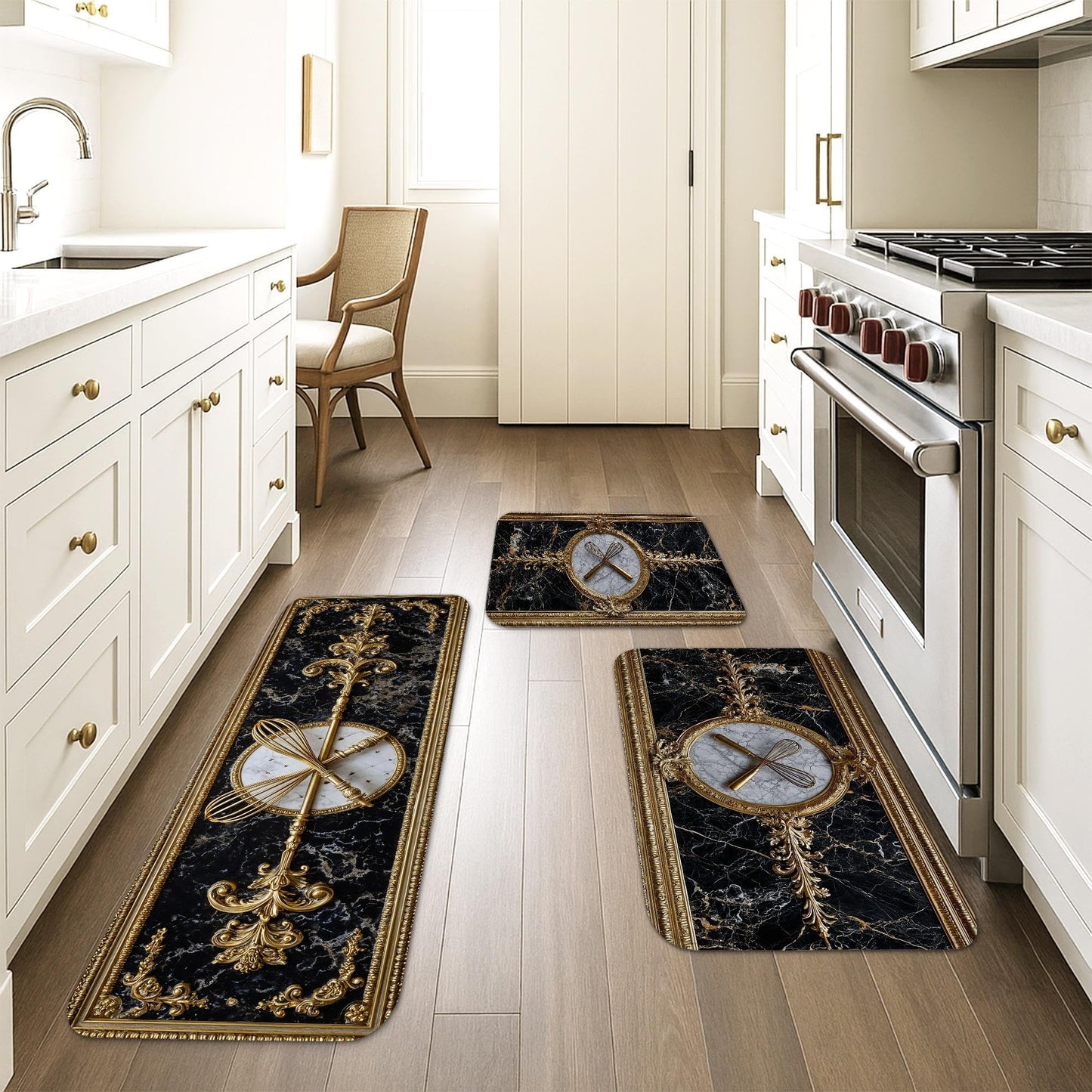 Elegant Kitchen Mats for Floor, Black Marble and Gold Ornate Design Soft Cushioned Non Slip Decor Rugs for Kitchen Sink and Laundry Room 3Pcs