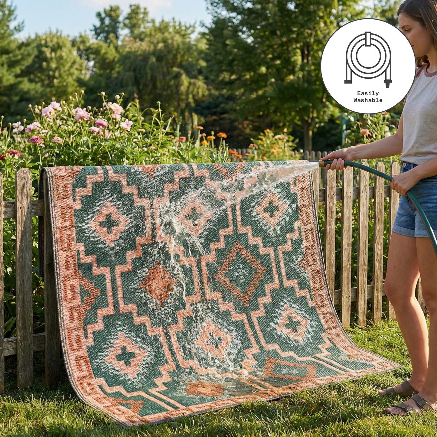 Fab Habitat Outdoor Rug - Waterproof, Fade Resistant, Crease-Free, Reversible - Premium Recycled Plastic - Vintage Boho Kilim - Patio, Deck, Porch, Balcony, Laundry Room - Lhasa - Green - 4 x 6 ft