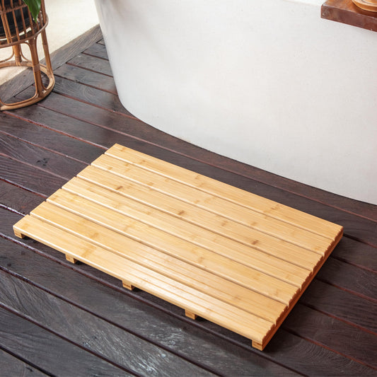 Large Natural Bamboo Bath Mat – Non-Slip Design Sauna Floor Mat, Secure Grip Pads, Water-Resistant Coating, Durable for Indoor/Outdoor Use, Bamboo Decor