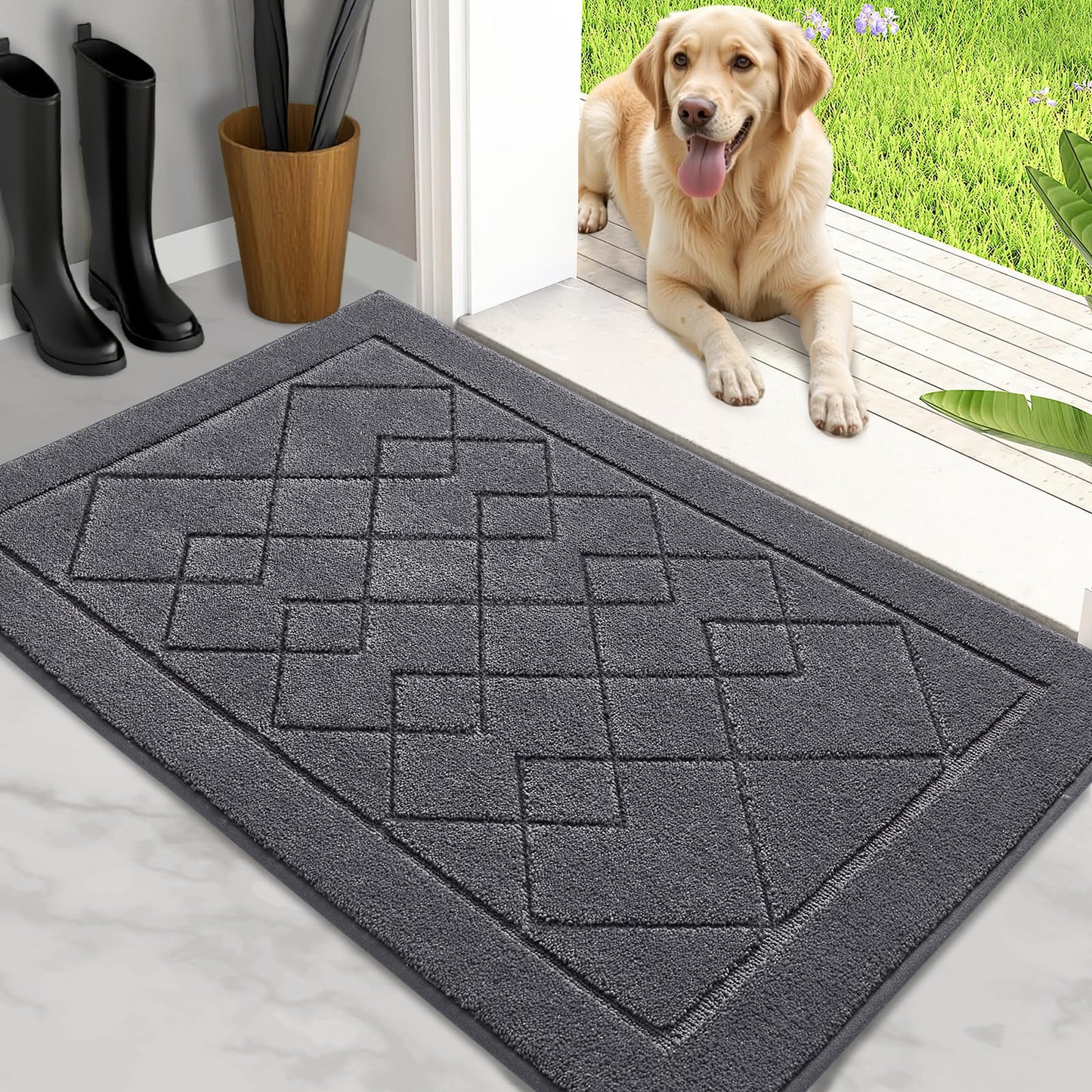 REFETONE Dirt Trapper Door Mat 24" x 36", Washable Indoor Doormat Rubber Backing Non Slip, Resist Dirt and Absorbent Entrance Mat, Low Profile Inside Floor Mats for Front Back Door and Entryway, Grey