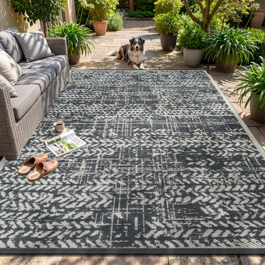MontVoo Outdoor Rug Waterproof-Patio Rug Mat 5x8 Outdoor RV Camping Picnic Beach Mat Plastic Straw Rugs Outside Outdoor Area Rugs for Balcony Deck Backyard Grey