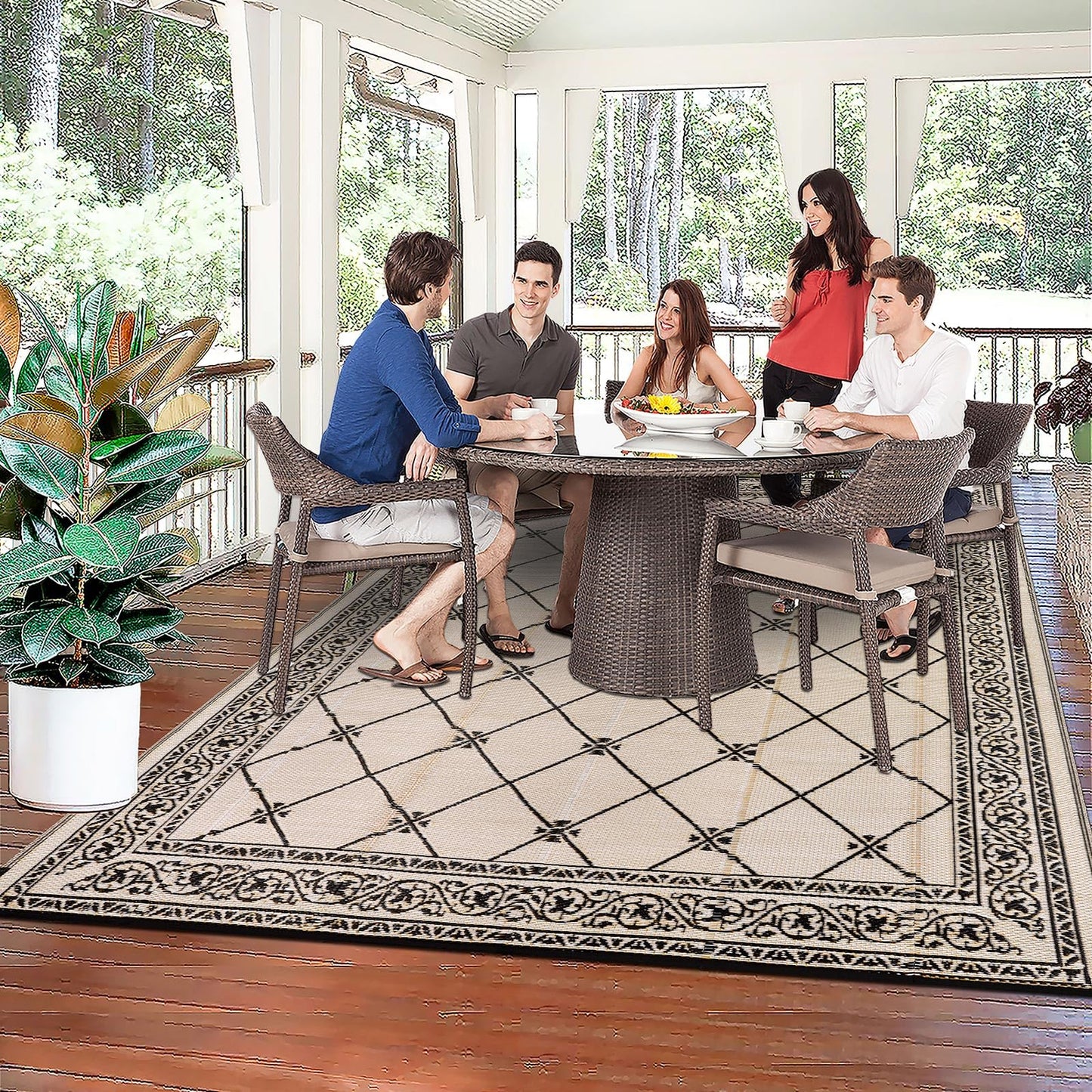 HiiARug Outdoor Rug 8'x10' for Patios Waterproof Patio Rugs Outdoor Mats for Front Porch,Beach Mat,Reversible Plastic Straw Camping Rugs for Outside RV,Deck,Balcony,Backyard，Black&Beige