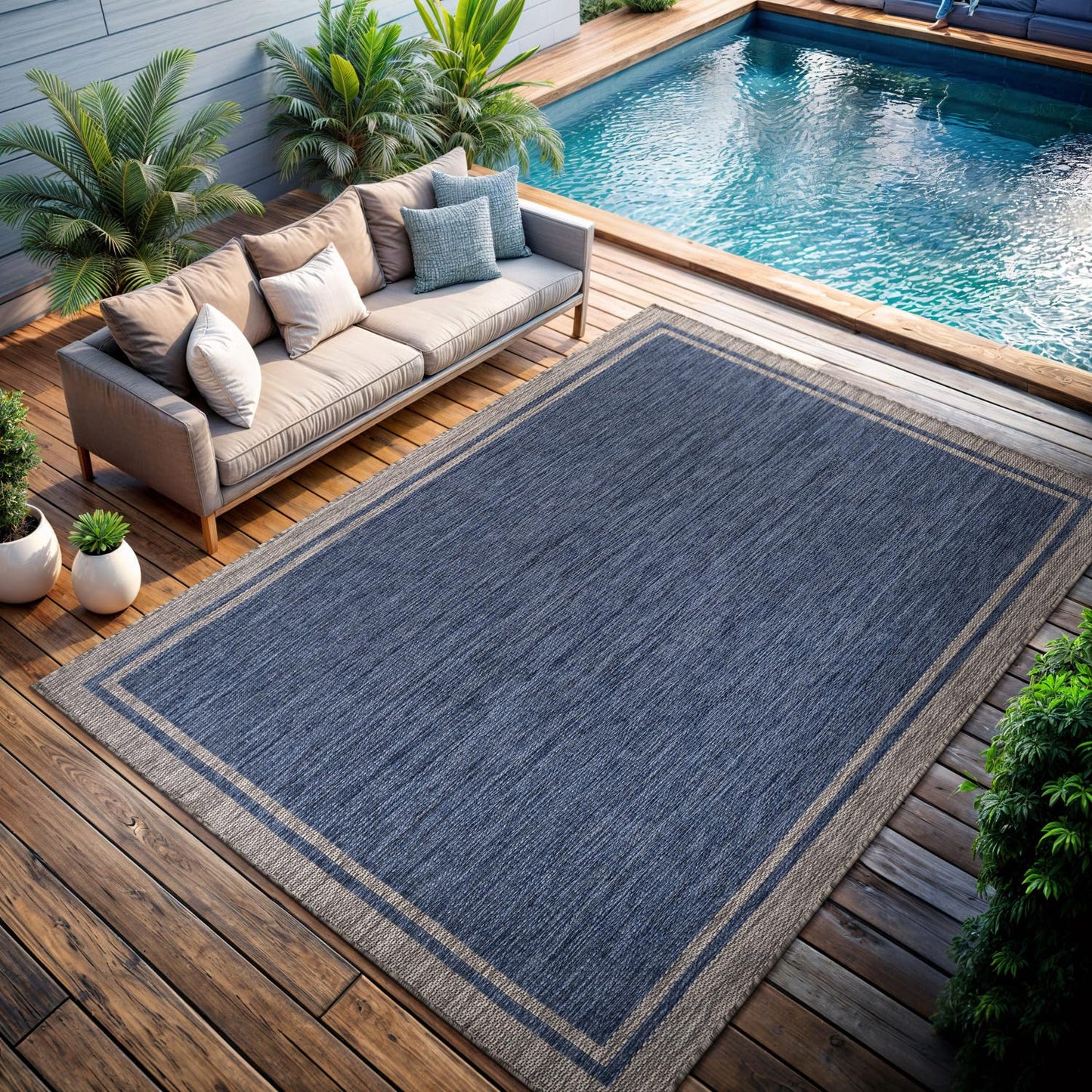 CAMILSON Outdoor Rug, 8x10 Bordered Navy Blue Gray Modern Area Rugs for Indoor and Outdoor Patios, Porches Waterproof Washable Porch Deck Outside Carpet (Bordered Navy, 8 x 10)