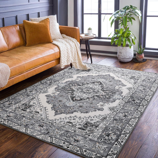 Noahas Grey and Blue 4x6 Area Rugs for Bedroom, Vintage Machine Washable Rug,Low Pile Print Large Rug with Rubber Backing Non-Slip Carpet for Living Room,Kitchen,Dining Room Home Decor