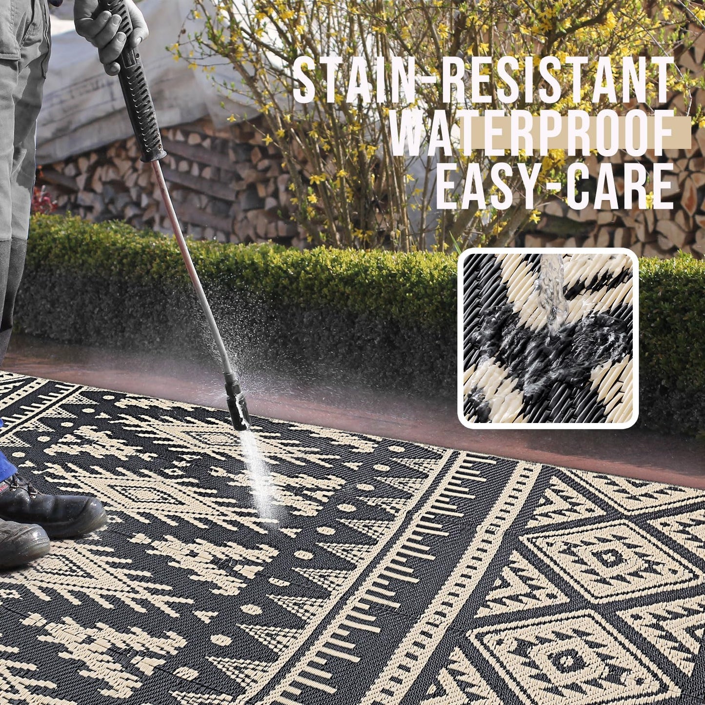 OLANLY Outdoor Rug Waterproof 5x8 ft, Reversible Outdoor Plastic Straw Rug, Boho Patio Rug, Indoor Outdoor Carpet, RV Mat Outside for Patio, Camp, Picnic, Balcony, Deck, Backyard, Black & Beige