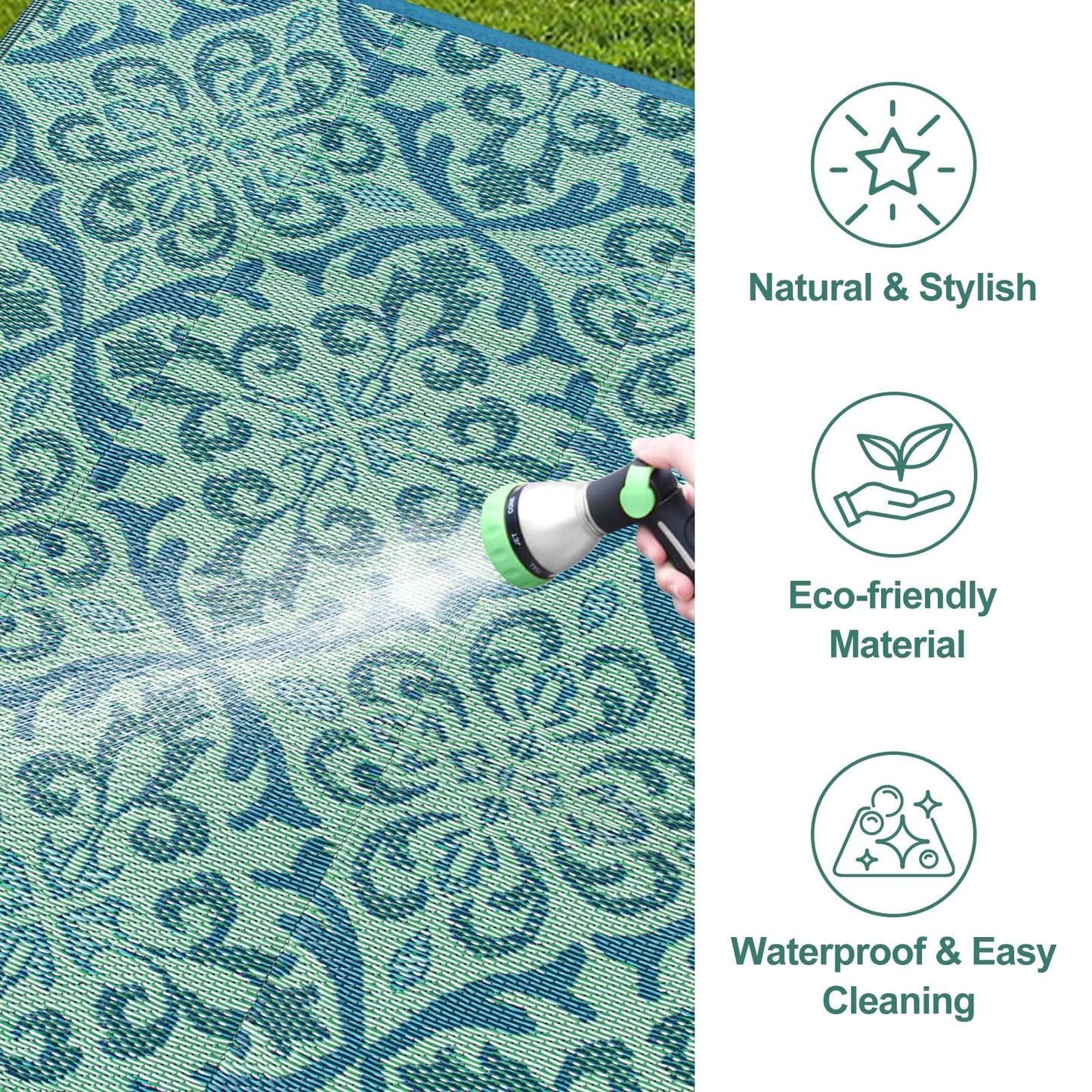 Lahome Waterproof Outdoor Rug 6x9 ft, Reversible Plastic Straw Patio Rug for Camping, RV Mat Outside, Indoor Outdoor Carpet for Porch Deck Backyard Camper Picnic, Light Blue and Green 6x9