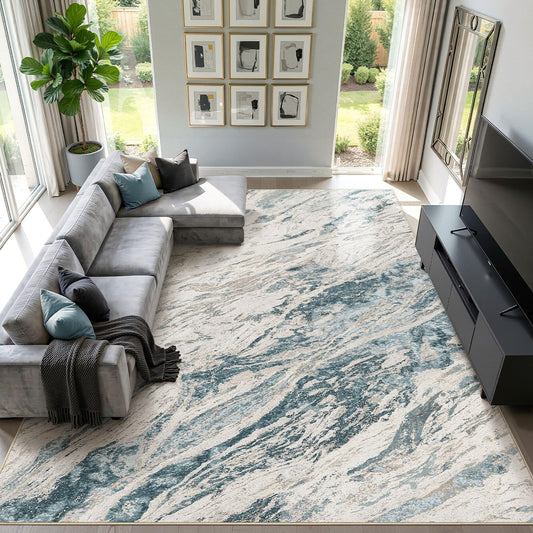 Micgeek Area Rugs for Living Room: 9X12 Abstract Washable Rug Modern Neutral Large Soft Stain Resistant Non-Slip for Bedroom Dining Room Indoor Home Office Carpet - Blue Brown