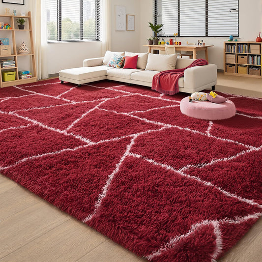 FALARK Fluffy Area Rugs for Living Room Bedroom, Modern Geometric 4x6 Feet Red White Rug, Soft Plush Shaggy Fuzzy Floor Bedside Carpet for Nursery Kids Girls Boys Teen Dorm Home Office Decor
