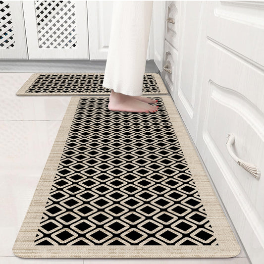 VivaNest Black Vintage Geometric Elegance Grid Kitchen Rug Sets [2 PCs], Anti-Fatigue, Waterproof Non-Slip Kitchen Mats Heavy Duty Comfort Foam Rug for Kitchen, Floor, Laundry,17"x29"+17"x47"