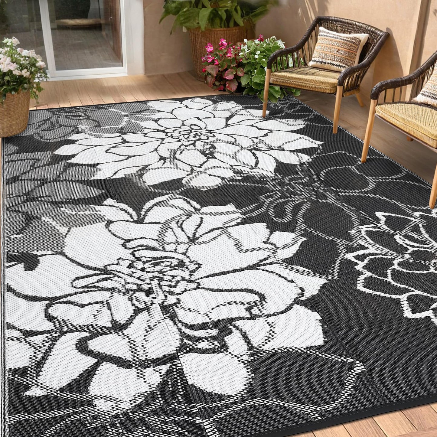 IDEALHOUSE Reversible Outdoor Rug, 320GSM Recycled Plastic Patio Rug, Lightweight Folding Camping Mat with Carry Bag and 4 Stakes, for RV, Picnic, Beach, Balcony, Black White, 9x18 ft