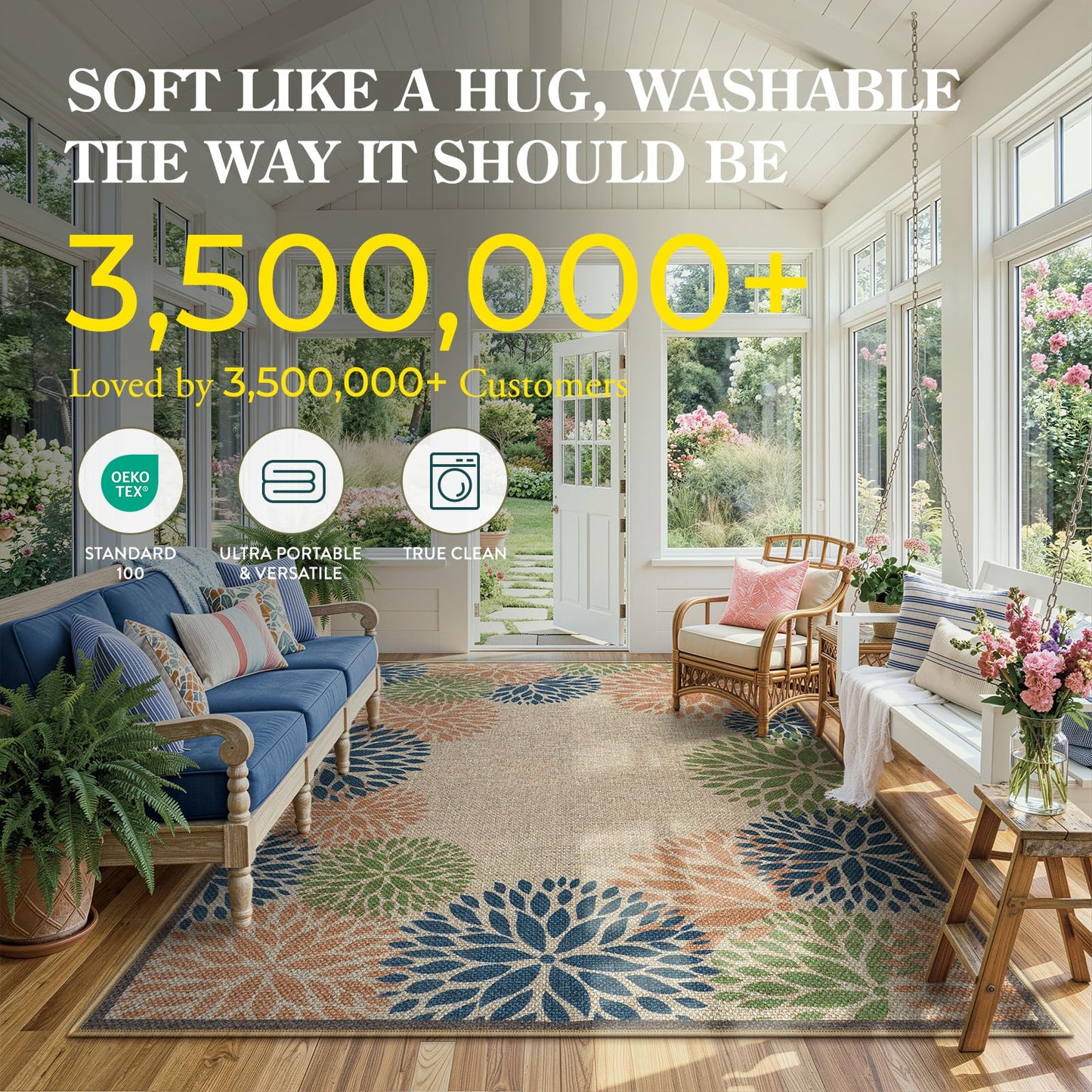 LIVEBOX Modern Easy Jute 5x7 Outdoor Rug, Washable Area Rugs for Living Room Patio Tropical Floral Indoor Outdoor Rug, Boho Farmhouse Non Slip Carpet for Backyard Foyer Dining Room(Olive, 5'x7')