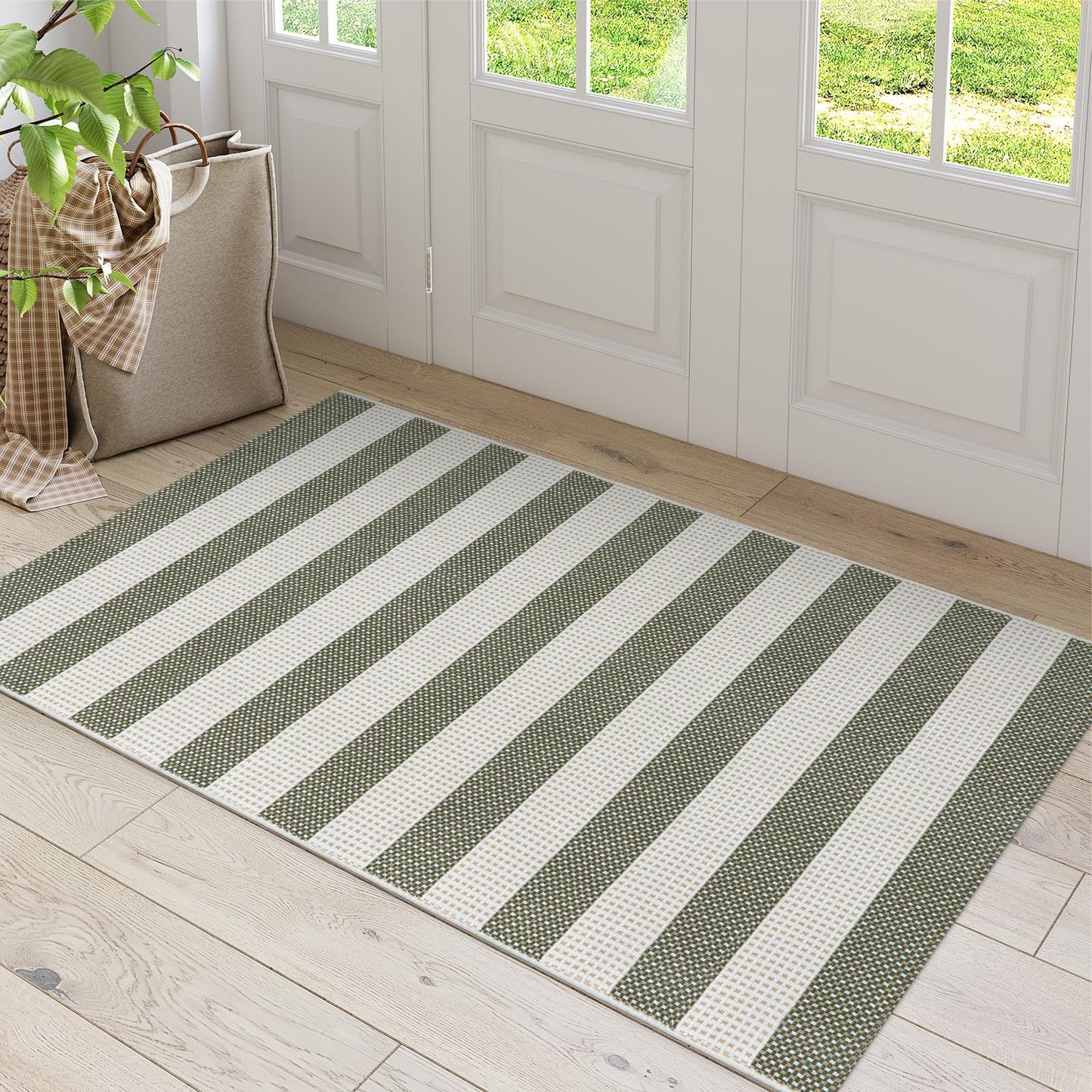 Sungea Striped Outdoor Rug 3x5, Boho Washable Front Porch Rug Cotton Hand Woven Outside Door Mats,Foldable Layered Doormat for Farmhouse/Entryway/Home Entrance(Green and White)