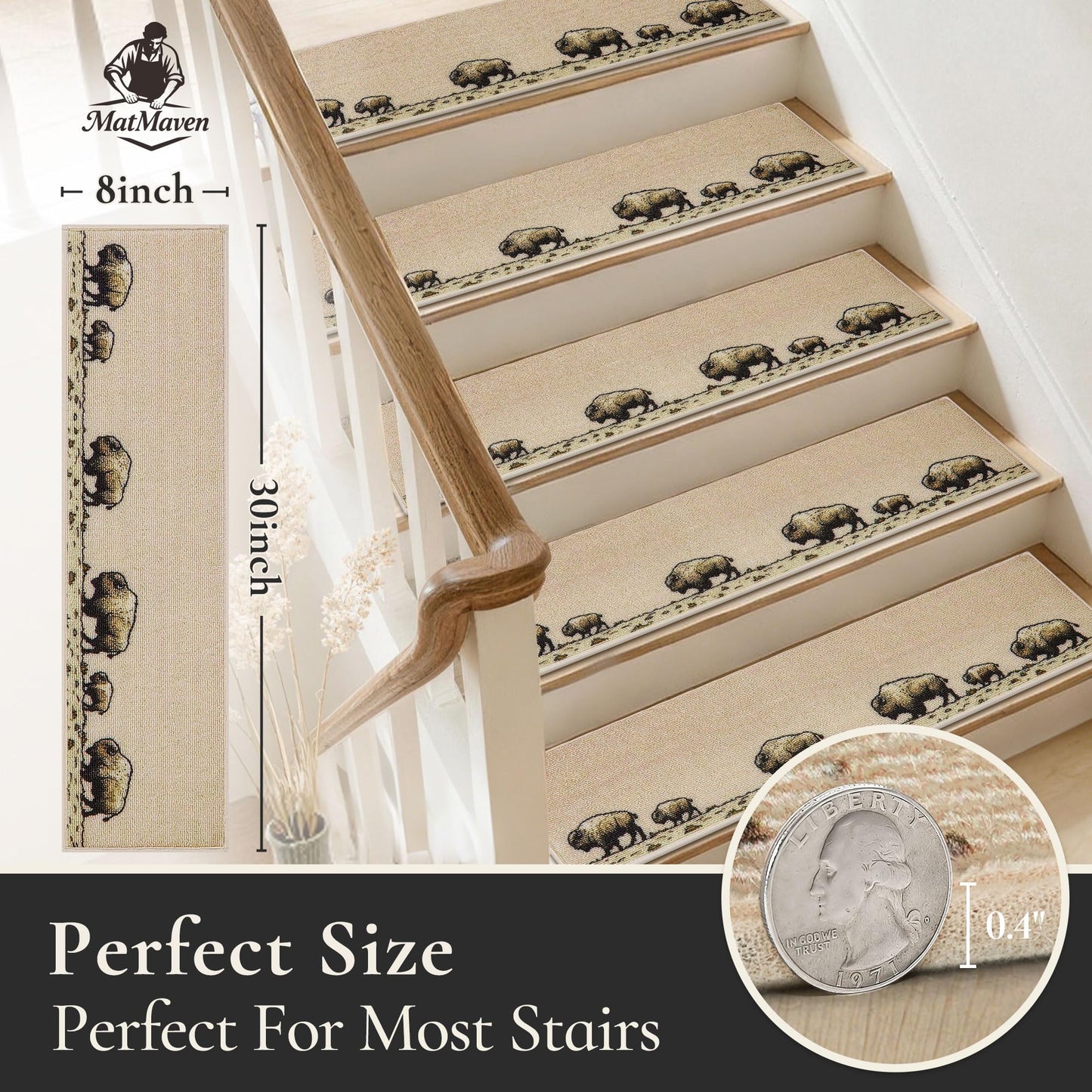MatMaven Stair Treads for Wooden Steps Indoor,4 Pack 8"x30" Non Slip Machine Washable Carpet Stair Treads,Stair Runner Rugs with Peel & Stick Reusable TPE Backing for Kids Elders & Pets,Beige(Bison)