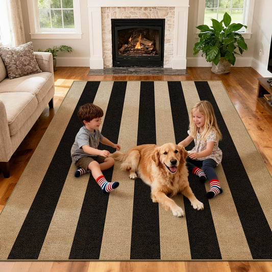 JROSING Washable Striped Easy Jute Rug 5x7, Modern Geometric Abstract Outdoor Indoor Patio Farmhouse Large Rugs, Woven Non Slip Thin Carpet Mat for Living Dining Room Bedroom Classroom Kids Nursery