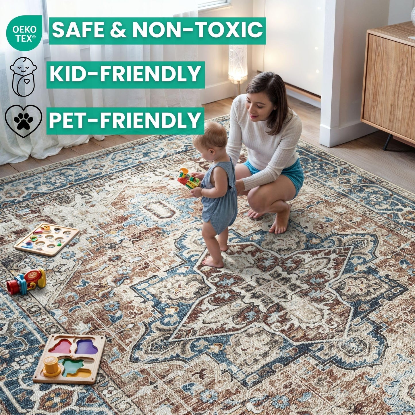 Bloom Rugs Caria Washable Non-Slip 4x6 Rug - Terracotta/Blue Traditional Area Rug for Living Room, Bedroom, Dining Room, and Kitchen - Exact Size: 4' x 6'